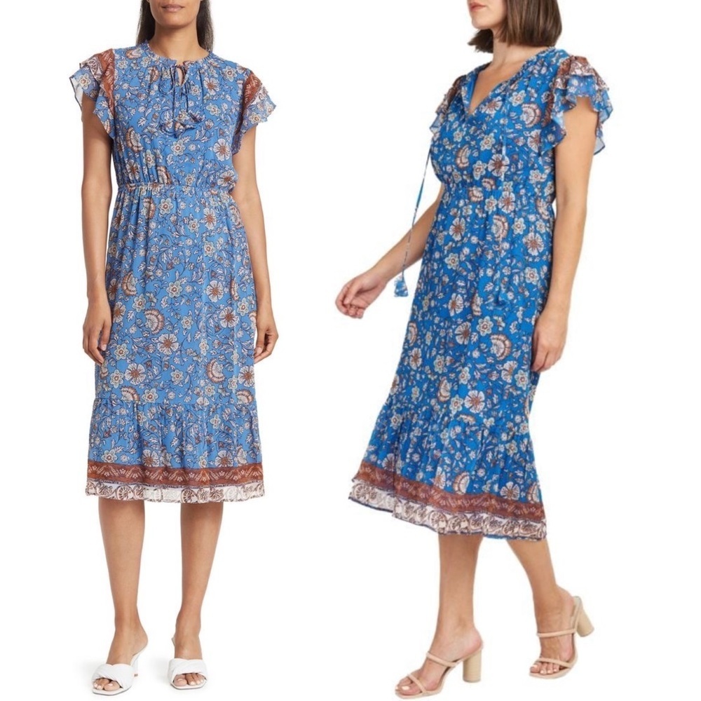 DR2 Floral Print Flutter Sleeve Midi Dress Chiffon Brown Blue Victorian Feminine